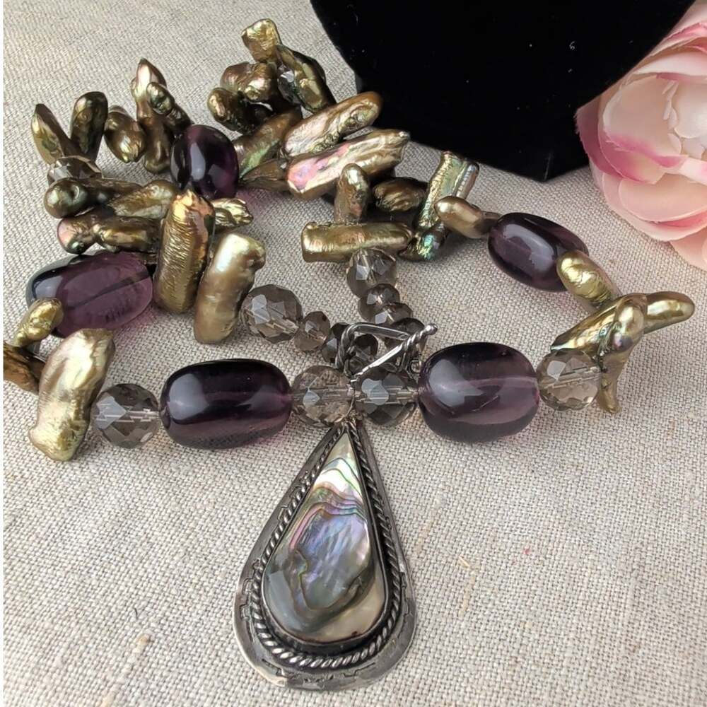 Vintage Mexican Sterling Silver Artisan Necklace, Inlay Abalone Shell Pendant